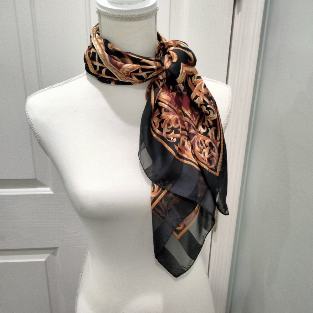 Sheer Scarf, Gold, Black, Burgundy Medallion Pattern, 34" Square, Polyester, New - Picture 8 of 10
